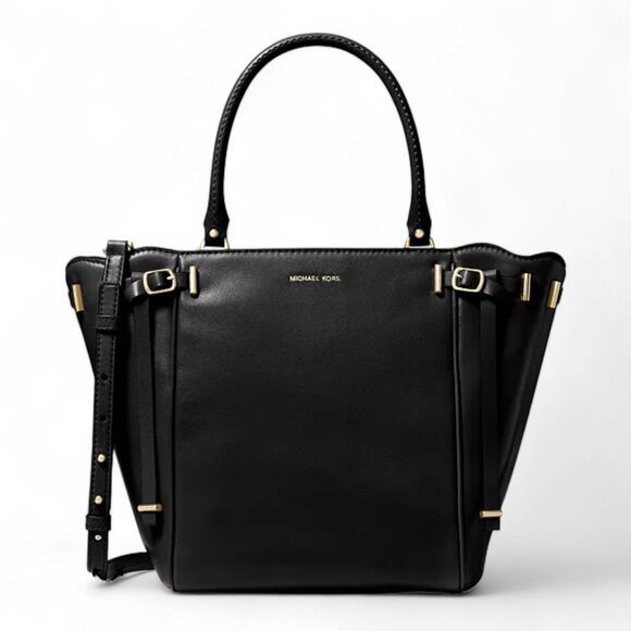 Michael Kors Amelia Luxe Leather Black Tote Bag - Golden Hardware Medium - Picture 1 of 16